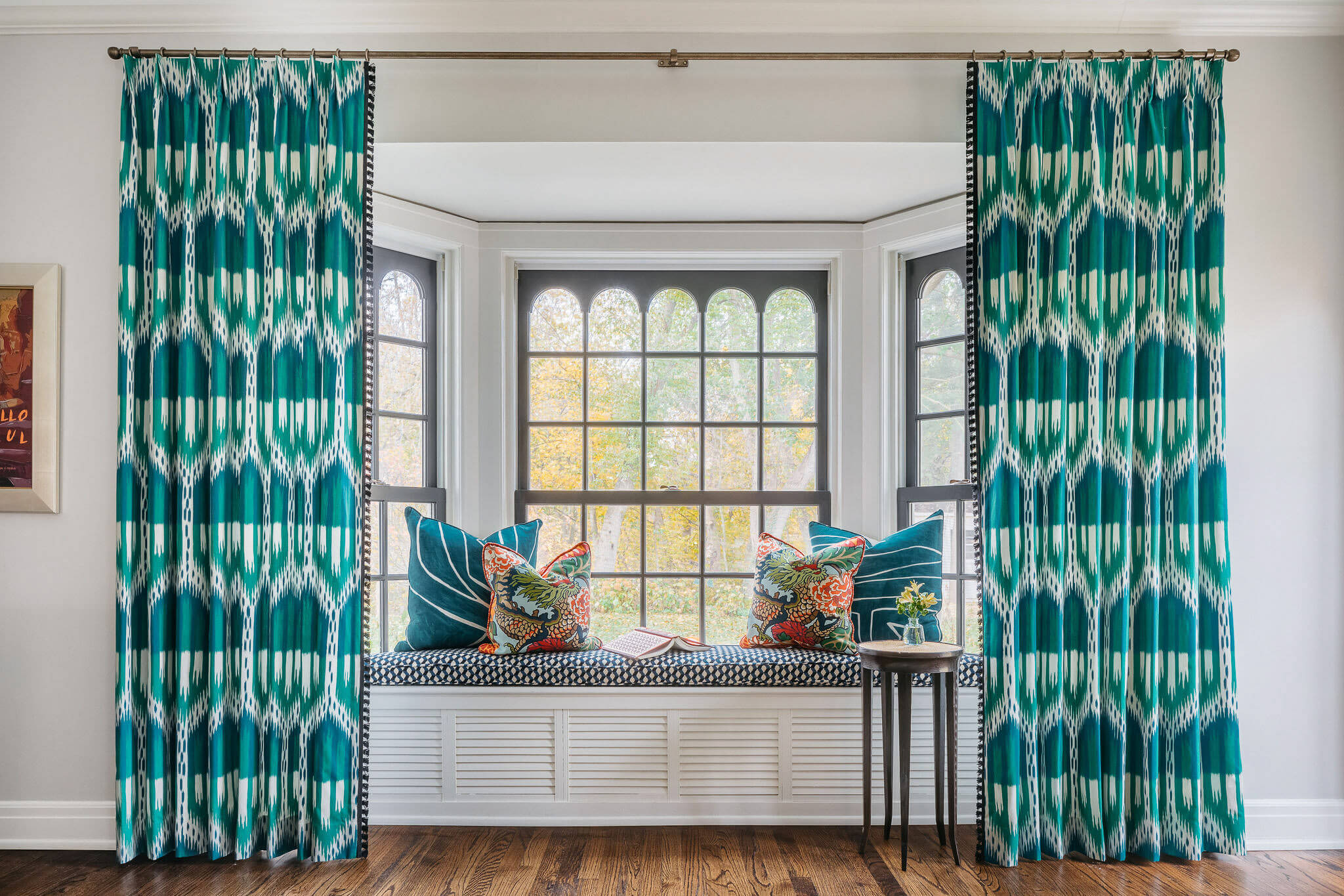 colorful-patterned-curtains-bench-sitting-area-eclectic-mequon-interior-design