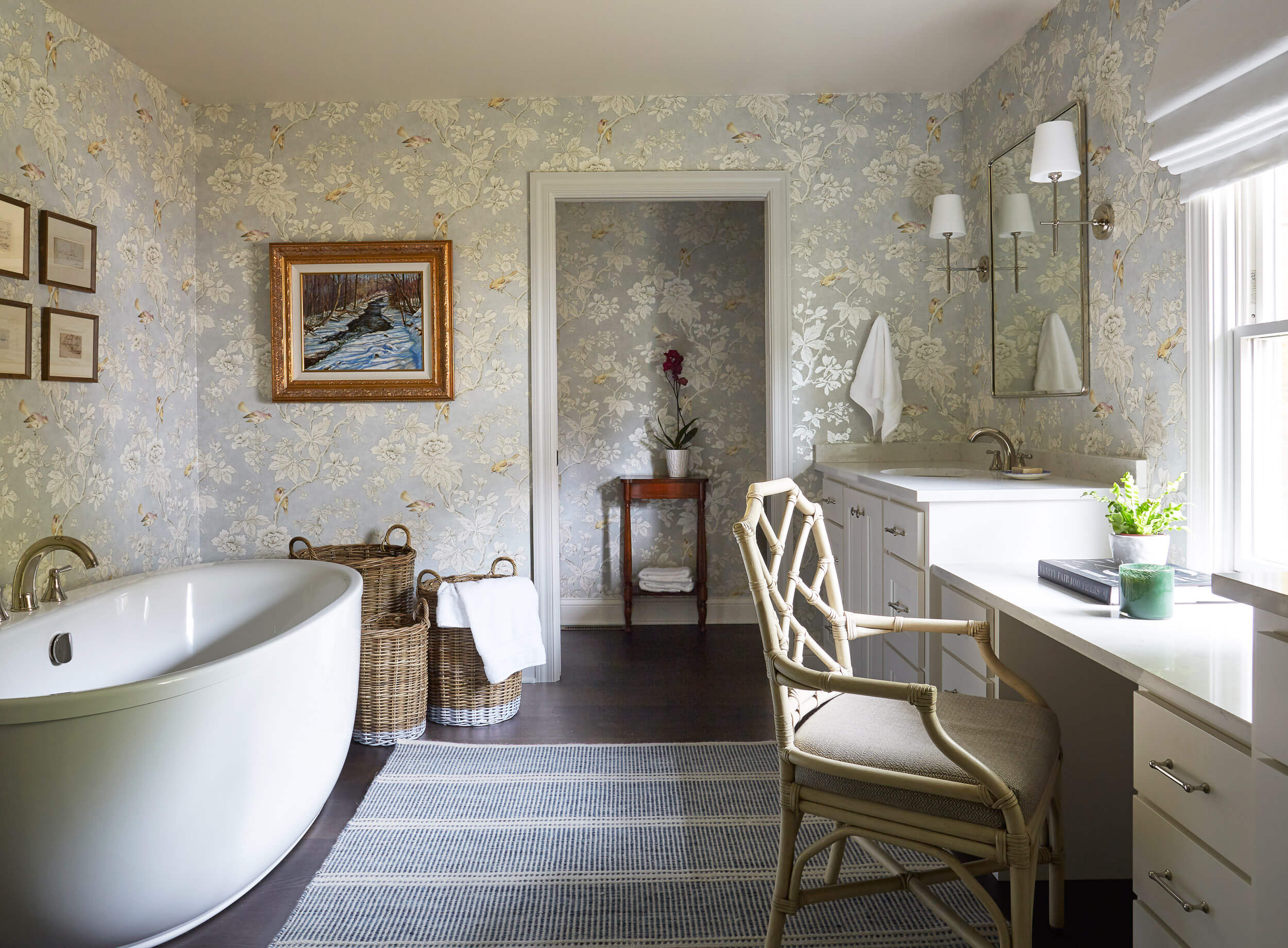 traditional-styled-bathroom-floral-wallpaper-freestanding-tub-lake-home